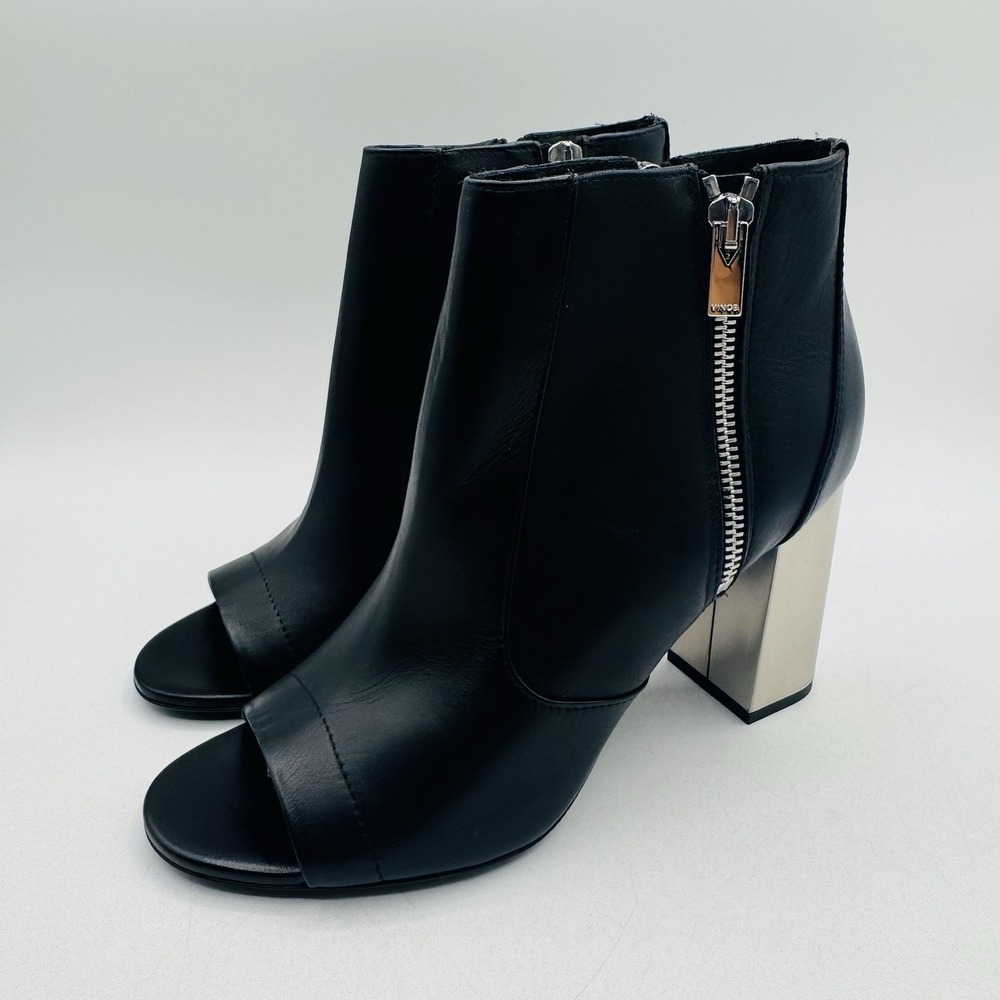 Vince. Faber Booties‎ Women's Size 7 Black Leather Metallic Silver Peep Toe Heel